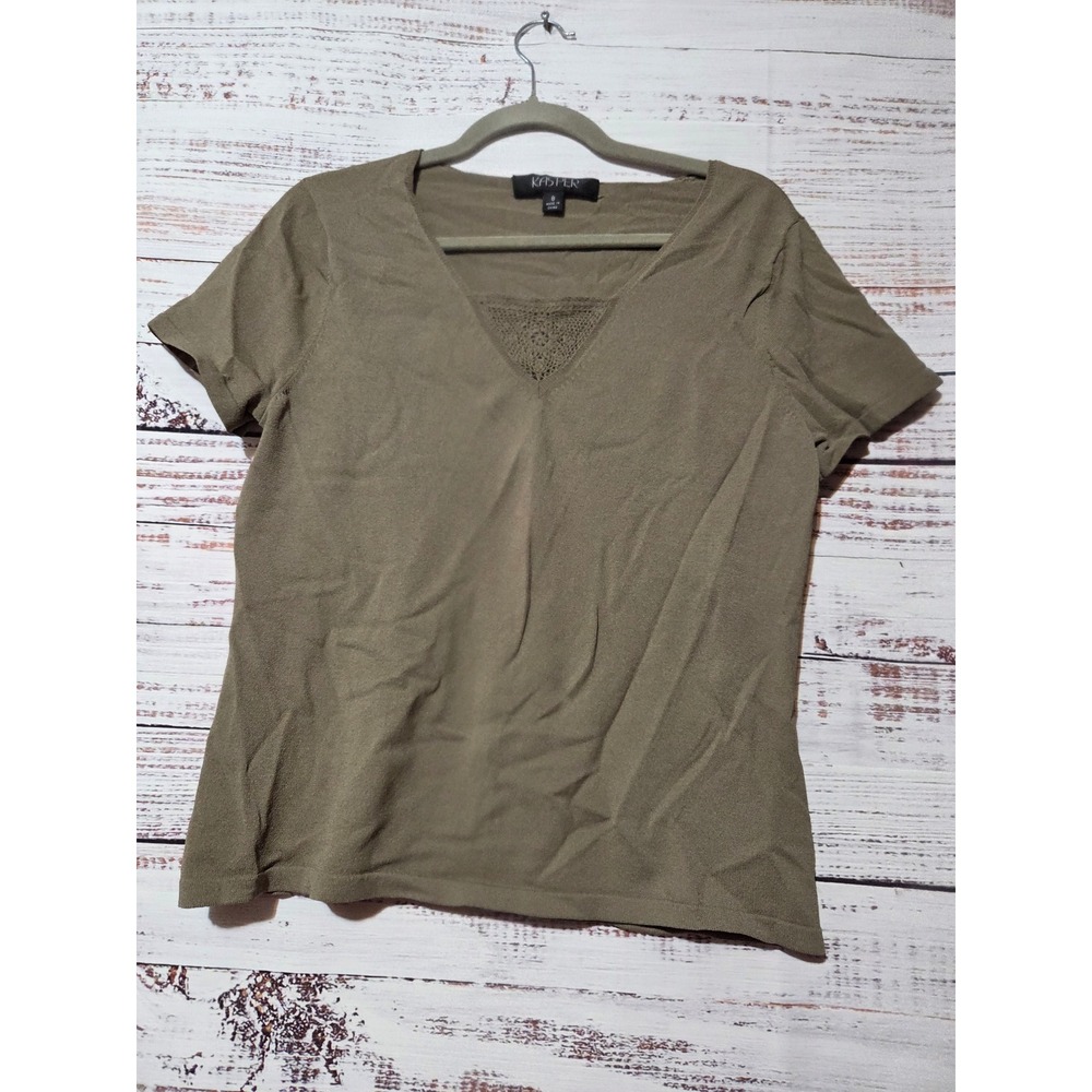 Kasper Women Olive Green V-Neck Crochet Lace Inset Short Sleeve Knit Top Size 8